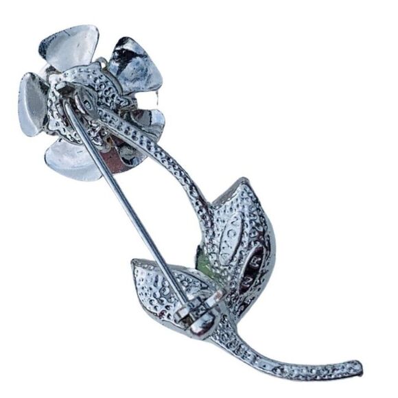 Vintage AVON Pink Shimmer Rhinestone Rose Silver Tone Brooch Pin - Picture 5 of 6